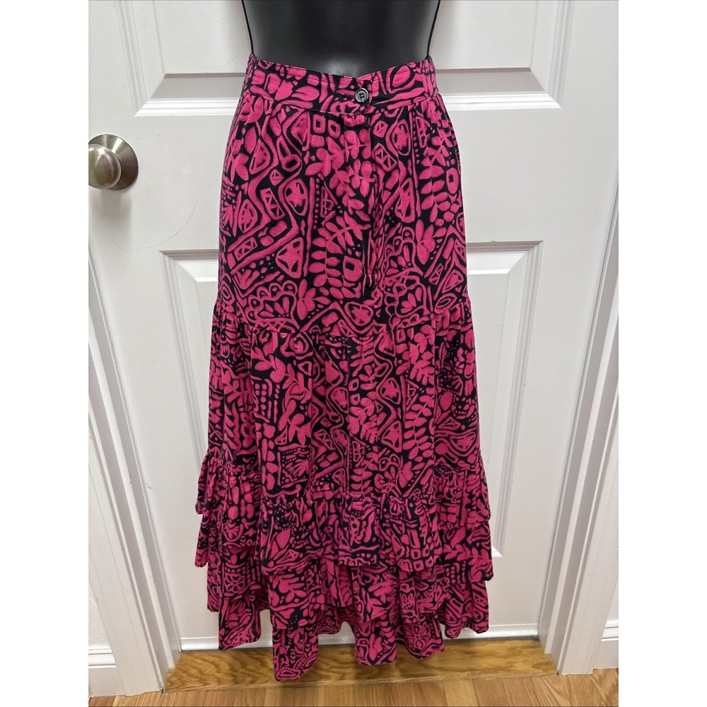 Liz Sport Fushia And Black Abstract Tiered Ruffle Midi Skirt Vintage - Size 10